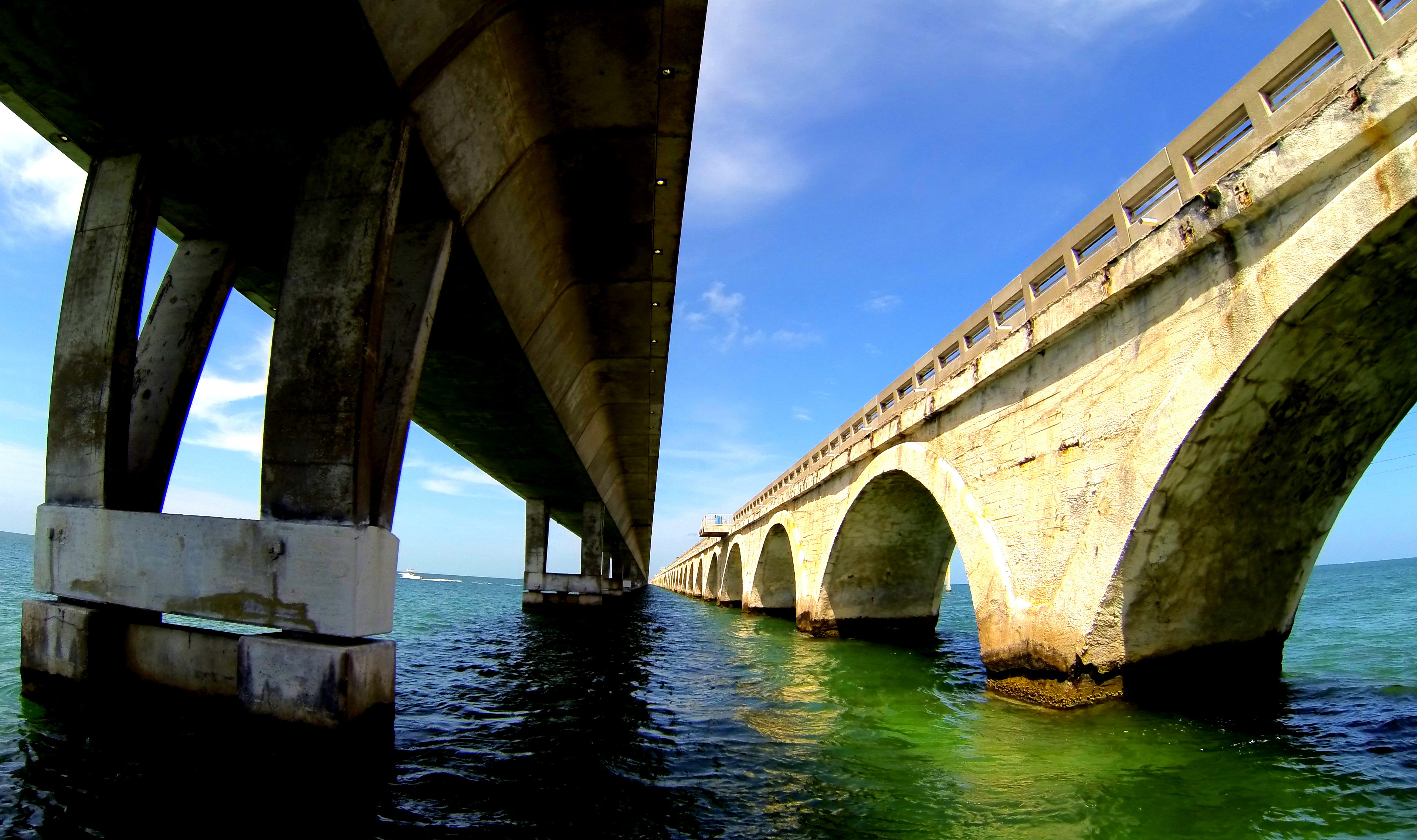 a picture from the water under on of the many bridges than run along the Florida keys.