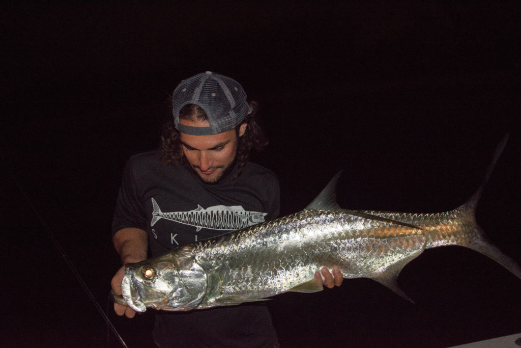 an angler looks down in admiration at a tarpon caught at night with the flash from the camera shining off of the fishes silver scales.