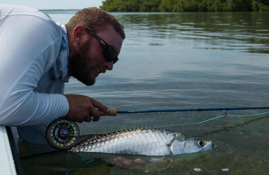 Capt. Kyle Kelso holds up a nice juvenile tarpon caught on fly